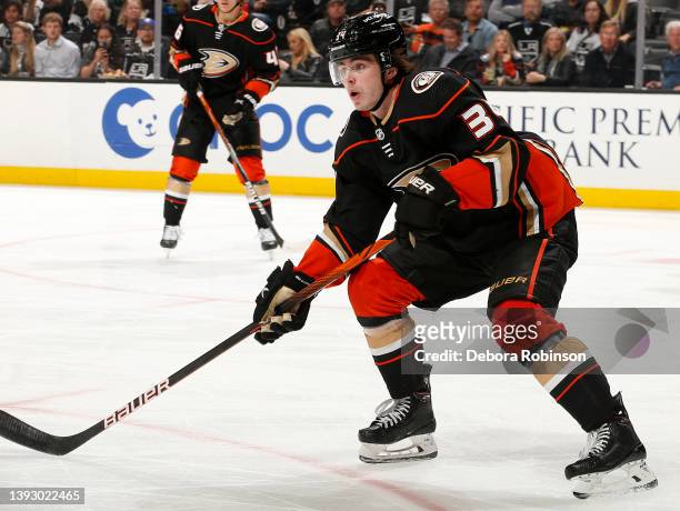 Jamie Drysdale of the Anaheim Ducks skates during the game against the Los Angeles Kings at Honda Center on April 19, 2022 in Anaheim, California.