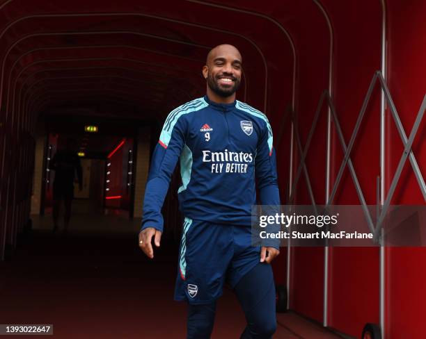 Alex Lacazette of Arsenal during a training session at Emirates Stadium on April 22, 2022 in London, England.