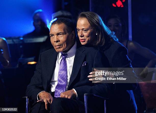 Boxing legend Muhammad Ali and wife Lonnie Ali appear onstage during the Keep Memory Alive foundation's "Power of Love Gala" celebrating Muhammad...