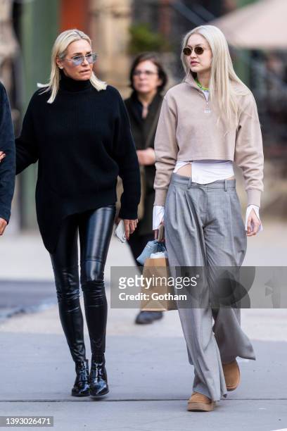Yolanda Hadid and Gigi Hadid are seen in NoHo on April 22, 2022 in New York City.