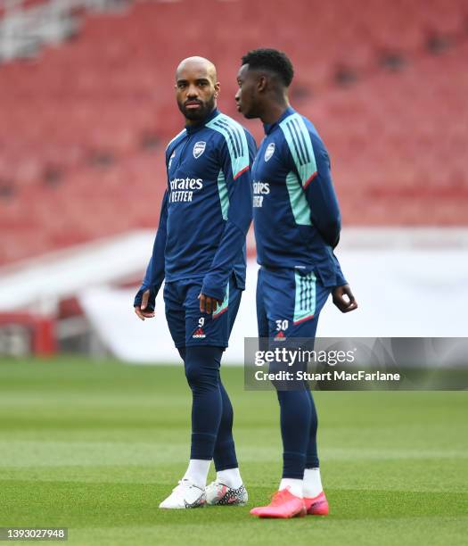 Alex Lacazette and Eddie Nketiah of Arsenal during a training session at Emirates Stadium on April 22, 2022 in London, England.