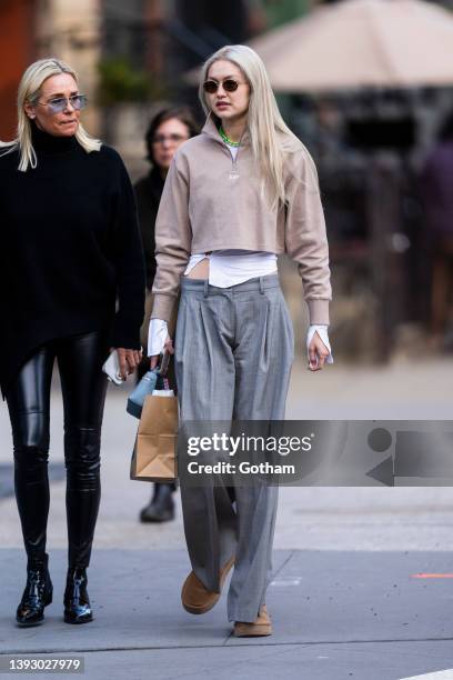 Yolanda Hadid and Gigi Hadid are seen in NoHo on April 22, 2022 in New York City.