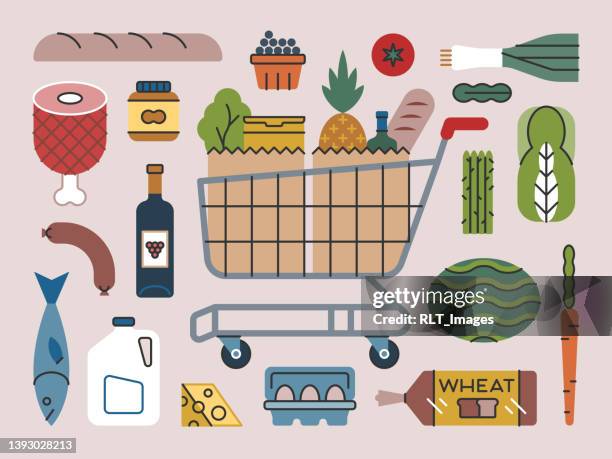 bildbanksillustrationer, clip art samt tecknat material och ikoner med groceries & cart— brightline series - kundvagn