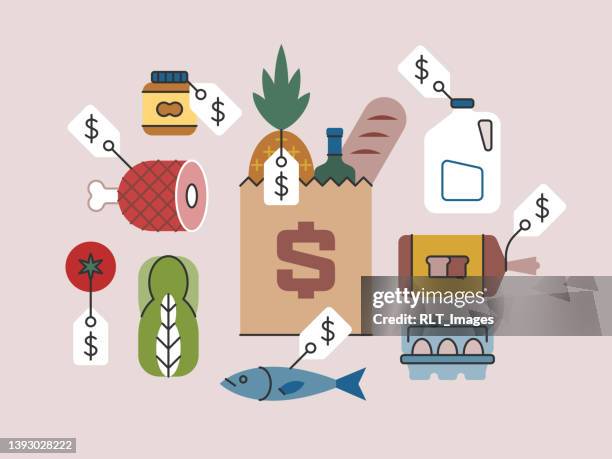 bag of groceries with price tags— brightline series - consumerism stock illustrations