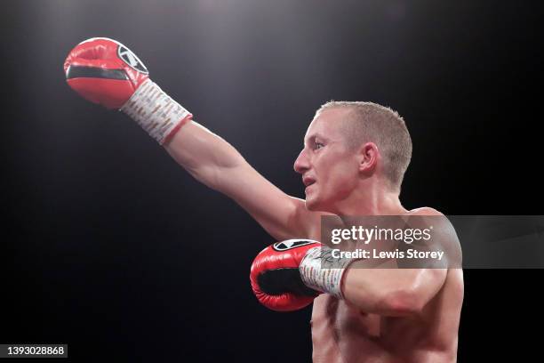 Paul Butler celebrates victory in the WBO Interim World Bantamweight Title fight between Paul Butler and Jonas Sultan at M&S Bank Arena on April 22,...