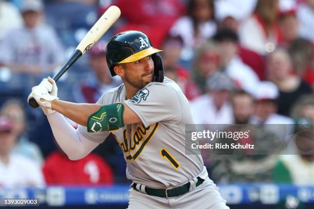 Kevin Smith of the Oakland Athletics in action against the Philadelphia Phillies during a game at Citizens Bank Park on April 8, 2022 in...