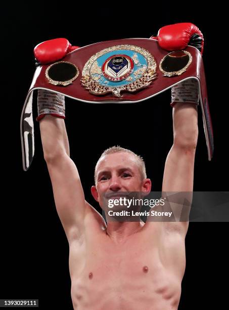 Paul Butler celebrates victory in the WBO Interim World Bantamweight Title fight between Paul Butler and Jonas Sultan at M&S Bank Arena on April 22,...