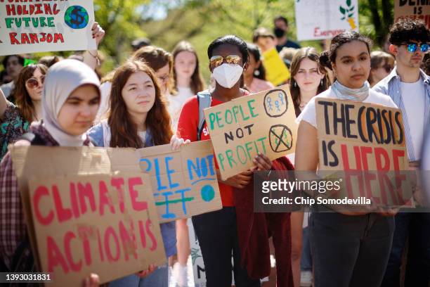 Young climate activists stage rally in Lafayette Park across from the White House on Earth Day on April 22, 2022 in Washington, DC. Organized by...