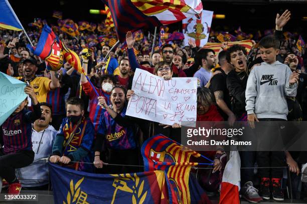 Barcelona supporters enjoy the atmosphere during the UEFA Women's Champions League Semi Final First Leg match between FC Barcelona and VfL Wolfsburg...