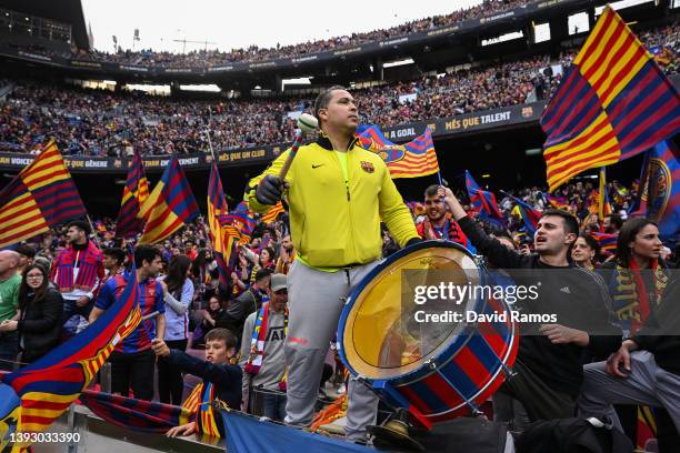 Barcelona supporters enjoy the atmosphere during the UEFA Women's Champions League Semi Final First Leg match between FC Barcelona and VfL Wolfsburg...