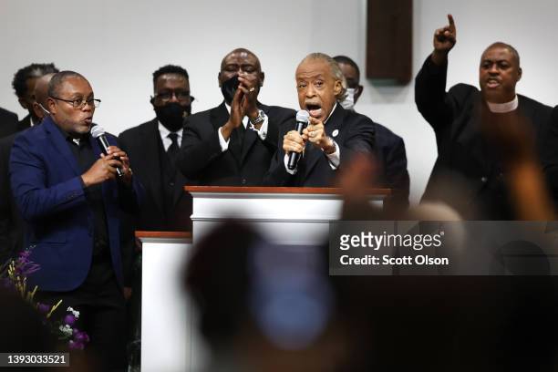Reverend Al Sharpton of the National Action Network delivers the eulogy for Patrick Lyoya during his funeral service at Renaissance Church of God in...
