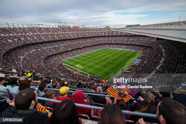 General view inside the stadium as fans show their support during the UEFA Women's Champions League Semi Final First Leg match between FC Barcelona...