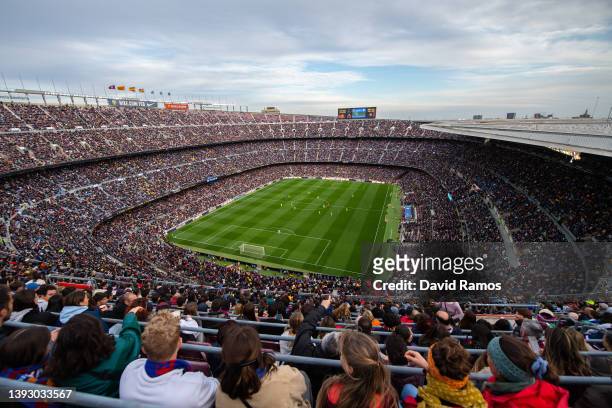 General view inside the stadium as fans show their support during the UEFA Women's Champions League Semi Final First Leg match between FC Barcelona...