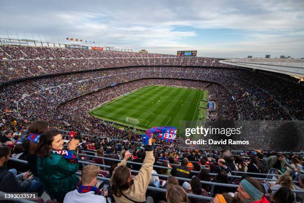 General view inside the stadium as fans show their support during the UEFA Women's Champions League Semi Final First Leg match between FC Barcelona...