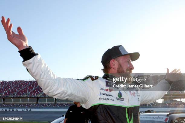 Jeffrey Earnhardt, driver of the ForeverLawn Chevrolet, reacts after winning the pole award during qualifying for the NASCAR Xfinity Series Ag-Pro...