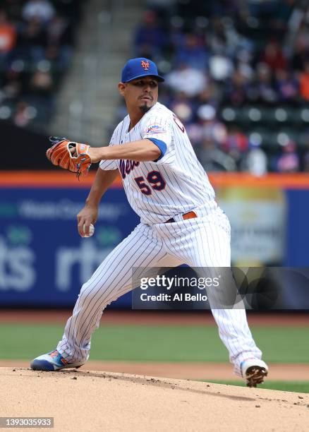Carlos Carrasco of the New York Mets pitches against the San Francisco Giants during their game at Citi Field on April 21, 2022 in New York City.