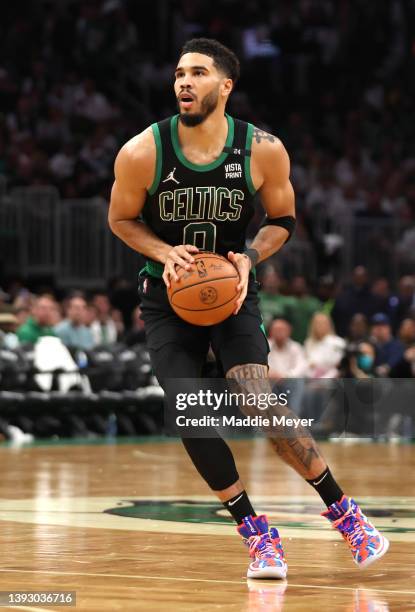 Jayson Tatum of the Boston Celtics looks for a shot against the Brooklyn Nets during the third quarter of Round 1 Game 1 of the 2022 NBA Eastern...