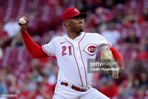 Hunter Greene of the Cincinnati Reds pitches in the first inning against the St. Louis Cardinals at Great American Ball Park on April 22, 2022 in...