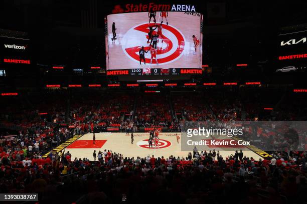 General view as Bam Adebayo of the Miami Heat and John Collins of the Atlanta Hawks tip off Game Three of the Eastern Conference First Round at State...