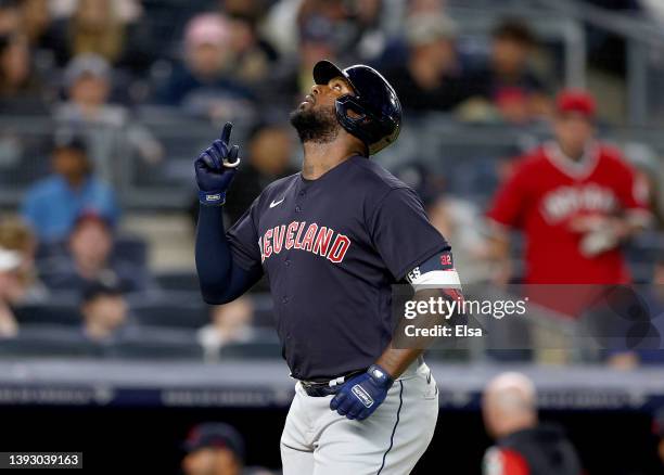 Franmil Reyes of the Cleveland Guardians celebrates his solo home run in the fourth inning against the New York Yankees at Yankee Stadium on April...