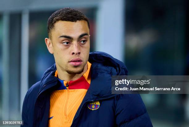 Sergino Dest of FC Barcelona looks on during the LaLiga Santander match between Real Sociedad and FC Barcelona at Reale Arena on April 21, 2022 in...