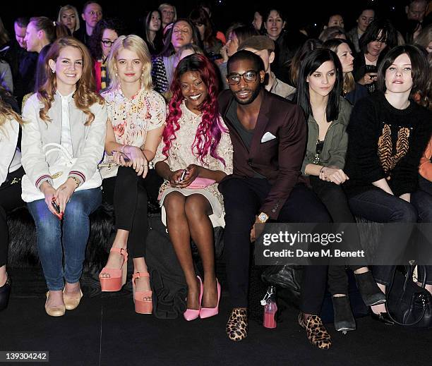 Lana Del Rey, Pixie Geldof, Azealia Banks, Tinie Tempah, Leigh Lezark and Lou Lesage sit in the front row at the Mulberry Autumn/Winter 2012 show...