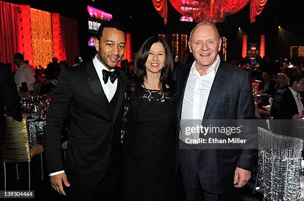 Recording artist John Legend, Stella Arroyave and actor Anthony Hopkins attend the Keep Memory Alive foundation's "Power of Love Gala" celebrating...