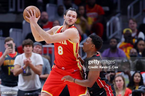 Danilo Gallinari of the Atlanta Hawks drives to the basket against Kyle Lowry of the Miami Heat during the second quarter in Game Three of the...