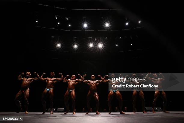 Bodybuilders compete in the Open Heavyweight division during the IFBB Pro Qualifier and Pro Show at the Plenary, on April 23, 2022 in Melbourne,...