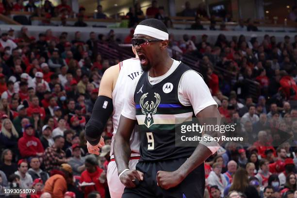 Bobby Portis of the Milwaukee Bucks reacts to a score during the second quarter of Game Three of the Eastern Conference First Round Playoffs against...