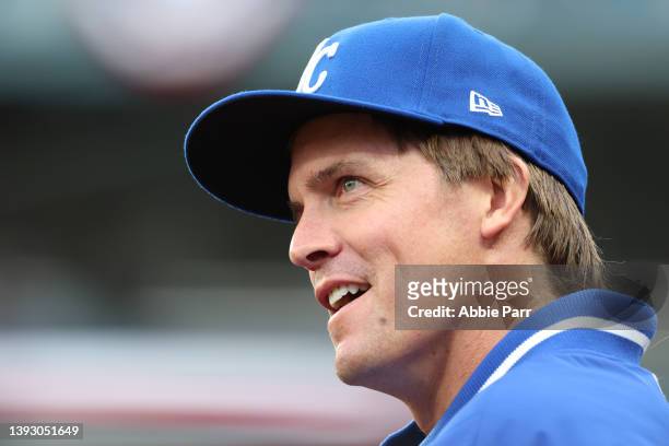 Zack Greinke of the Kansas City Royals reacts from the dugout during the first inning against the Seattle Mariners at T-Mobile Park on April 22, 2022...