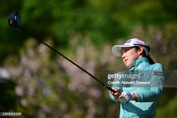 Rie Tsuji of Japan hits her tee shot on the 1st hole during the second round of Fuji Sankei Ladies Classic at Kawana Hotel Golf Course on April 23,...