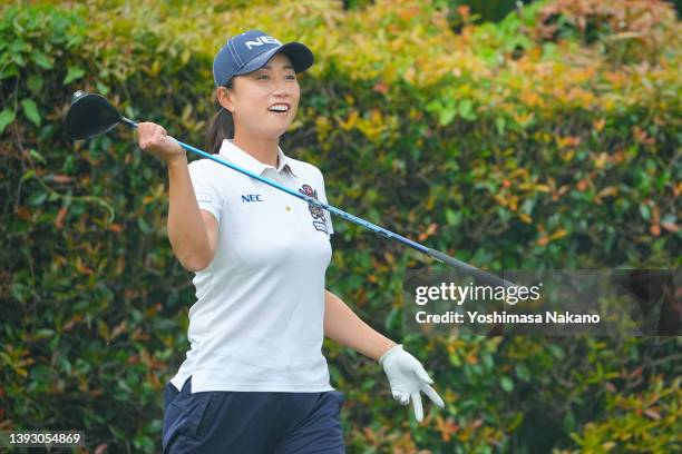 Erina Hara of Japan reacts after her tee shot on the 7th hole during the final round of KCFG Ladies Madonoume Cup at Takeo Golf Club on April 23,...