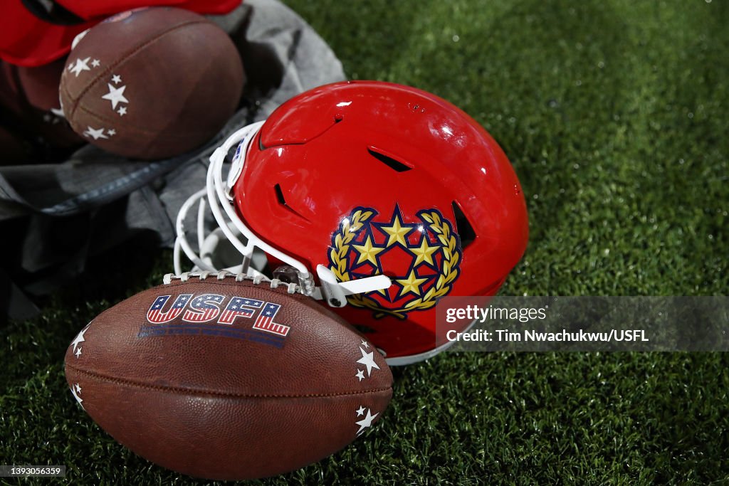 Usfl Panthers A detail image of USFL footballs and a New Jersey Generals helmet ...