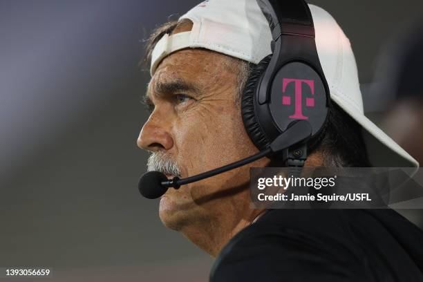 Head coach Jeff Fisher of Michigan Panthers looks on from the sidelines in the third quarter of the game against the New Jersey Generals at...