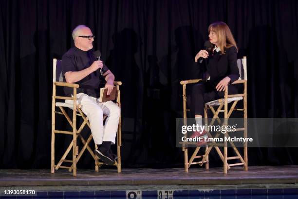 Host William Joyce and special guest Leigh Taylor-Young speak onstage at the screening of "Soylent Green" during the 2022 TCM Classic Film Festival...