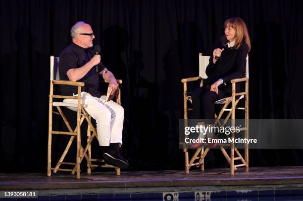 Host William Joyce and special guest Leigh Taylor-Young speak onstage at the screening of "Soylent Green" during the 2022 TCM Classic Film Festival...