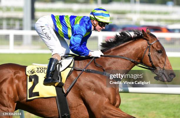 Jamie Kah riding Grandslam winning Race 4, the Surewise Vobis Gold Heath, during Melbourne Racing at Caulfield Racecourse on April 23, 2022 in...