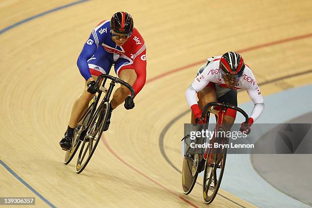 Sir Chris Hoy of Great Britain competes against Seiichiro Nakagawa of Japan in the Men's Sprint Quarter Finals during the UCI Track Cycling World Cup...