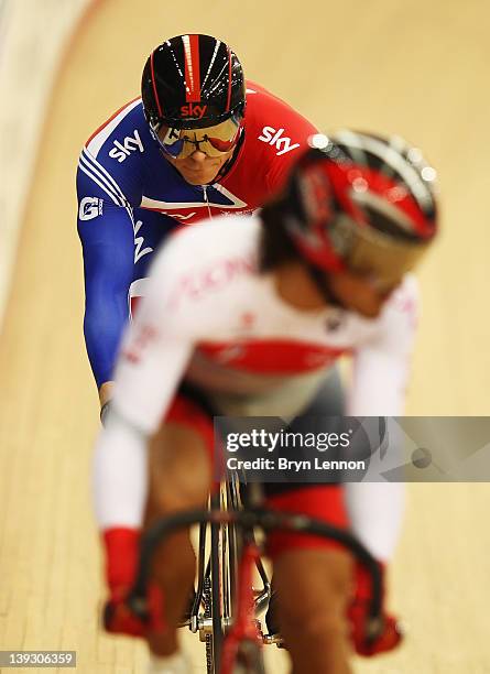 Sir Chris Hoy of Great Britain competes against Seiichiro Nakagawa of Japan in the Men's Sprint Quarter Finals during the UCI Track Cycling World Cup...