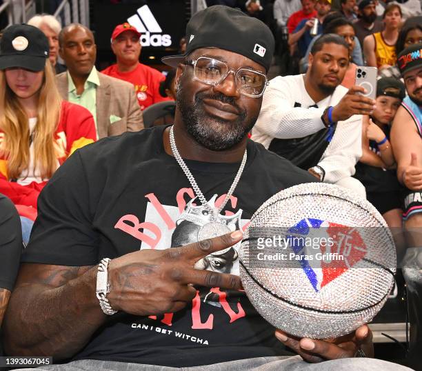 Shaquille O'Neal attends Game Three of the Eastern Conference First Round between the Miami Heat and the Atlanta Hawks at State Farm Arena on April...