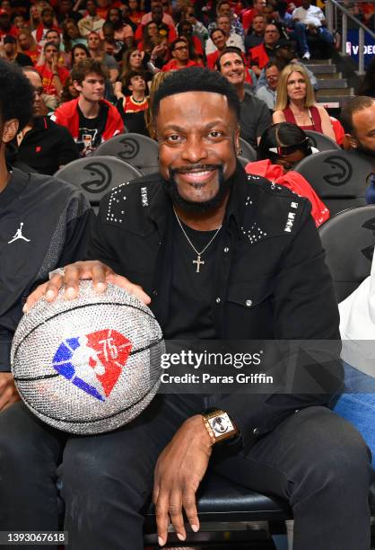 Actor Chris Tucker attends Game Three of the Eastern Conference First Round between the Miami Heat and the Atlanta Hawks at State Farm Arena on April...