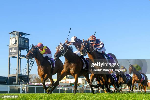 Billy Egan riding Regardsmaree defeats Lombardo and The Astrologist in Race 7, the Spendthrift Australia Vobis Gold Sprint, during Melbourne Racing...