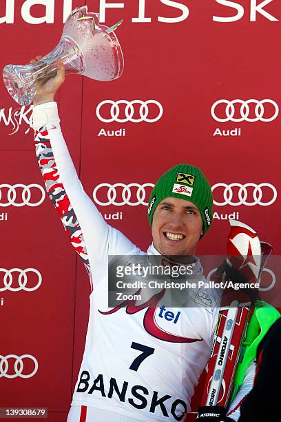 Marcel Hirscher of Austria takes 1st place competes during the Audi FIS Alpine Ski World Cup Men's Slalom on February 19, 2012 in Bansko, Bulgaria.