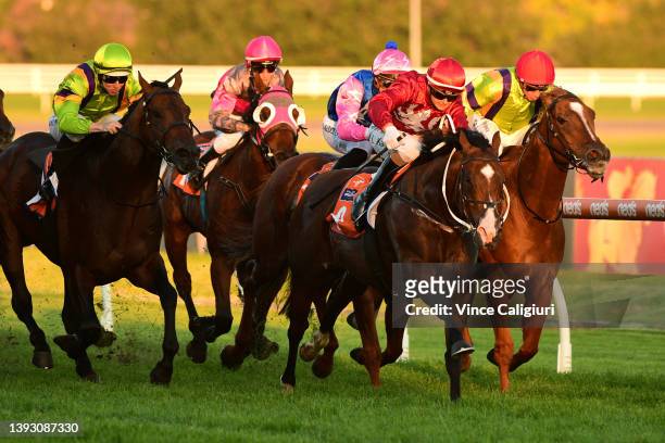 Jamie Kah riding Extreme Warrior winning Race 9, the Widden Stud Bel Esprit Stakes, during Melbourne Racing at Caulfield Racecourse on April 23, 2022...