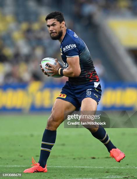 Jordan McLean of the Cowboys runs the ball during the round seven NRL match between the North Queensland Cowboys and the Gold Coast Titans at Qld...