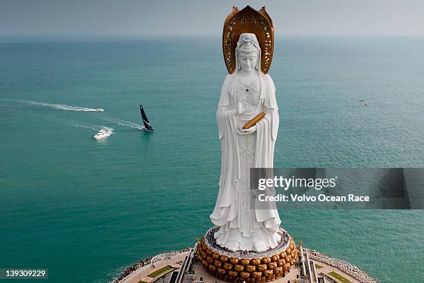 Ocean Racing powered by BERG, skippered by Ken Read from the USA, sails past the Guan Yin of the South Sea of Sanya, at the start of leg 4 of the...