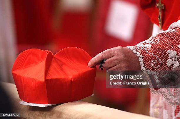 Cardinal takes his biretta cup during a mass held by pope Benedict XVI in St. Peter's Basilica on February 19, 2012 in Vatican City, Vatican. The 84...