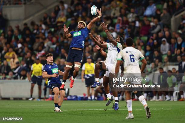 Hoskins Sotutu of the Blues competes in the air during the round 10 Super Rugby Pacific match between the Blues and the Fijian Drua at AAMI Park on...