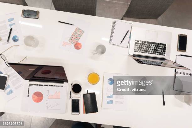 top view of office desk - desk tablet phone monitor stock pictures, royalty-free photos & images